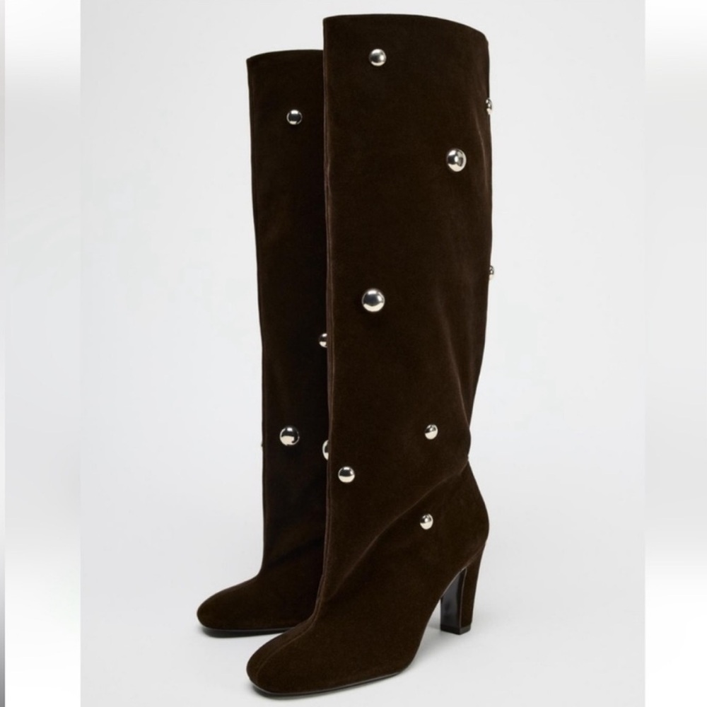 Zara Dark Brown Velvet Heeled Boots with Stud Accents sz. 39